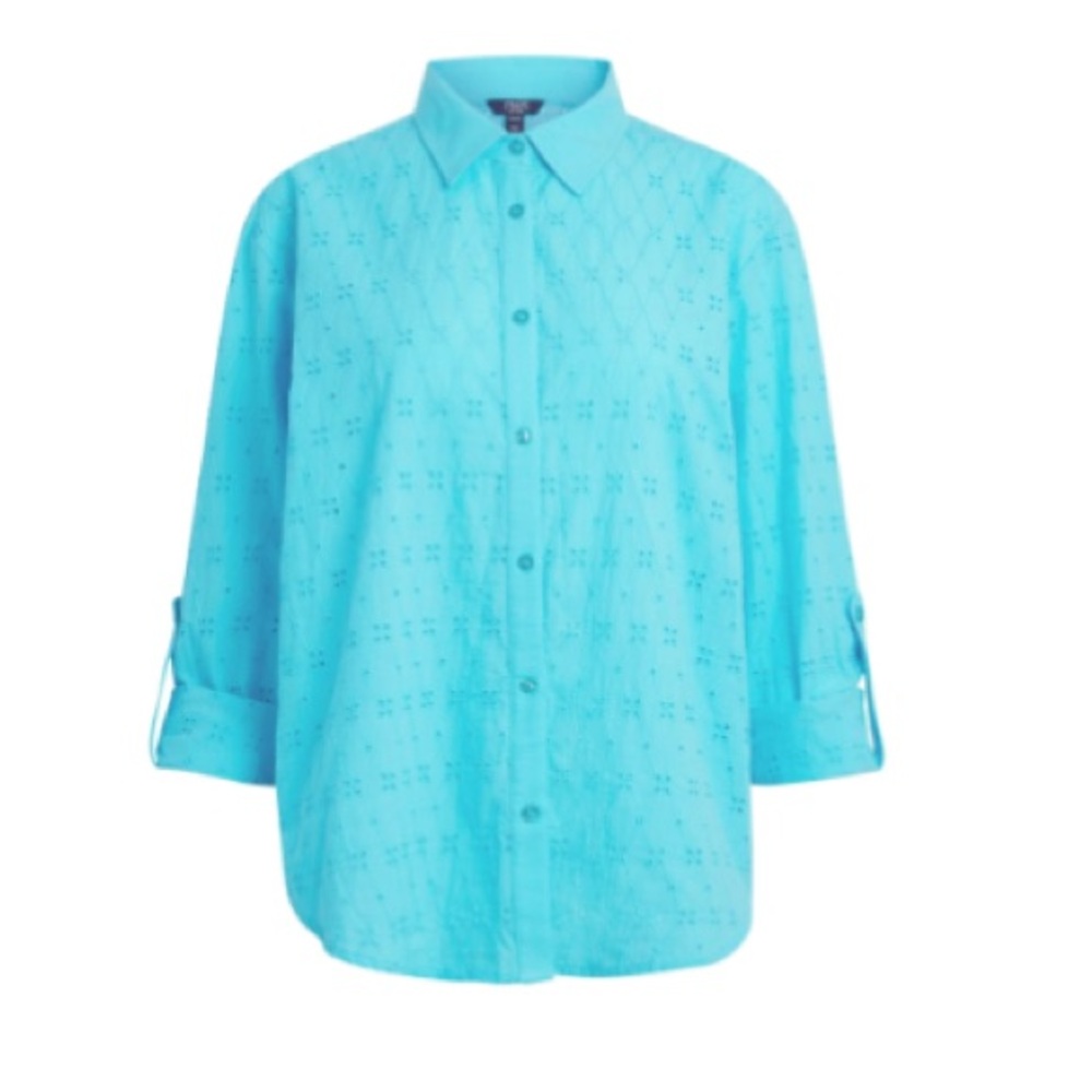 Chaps Bright Aqua Eyelet Cotton Button Shirt with Adjustable Sleeves,